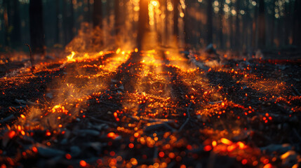 Wall Mural - A forest fire with smoke and flames. The fire is spreading through the trees, creating a sense of danger and destruction. The sun is shining through the smoke, casting a warm glow over the scene