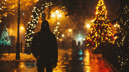 Wall Mural - Man walking in the city at night with Christmas lights on background.