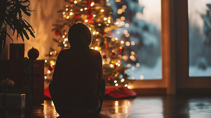Wall Mural - Silhouette of a man sitting on the floor near the Christmas tree