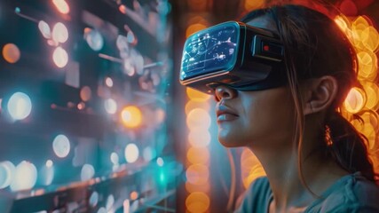 Poster - A woman wears a VR headset, looking up as if engaged in a virtual meeting room filled with holographic avatars.