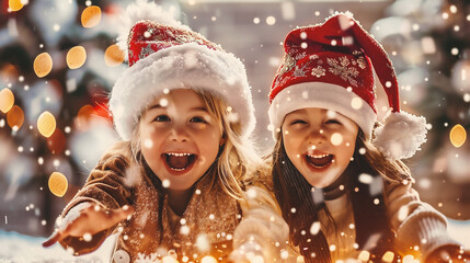 Wall Mural - holidays, christmas, childhood and people concept - happy little girls in santa helper hats over snowfall background