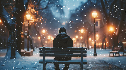 Wall Mural - Young man sitting on a bench in the city at night under snowfall.