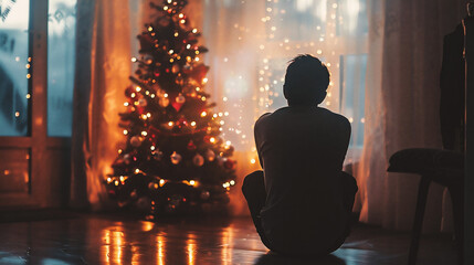 Wall Mural - Silhouette of a man sitting on the floor near the Christmas tree