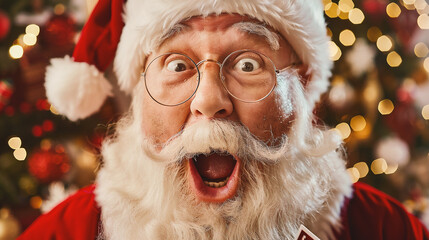 Wall Mural - Close-up portrait of funny Santa Claus in eyeglasses holding gift boxes and looking at camera