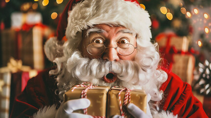 Wall Mural - Close-up portrait of funny Santa Claus in eyeglasses holding gift boxes and looking at camera