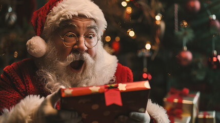 Wall Mural - Portrait of Santa Claus in red sweater and eyeglasses holding gift box