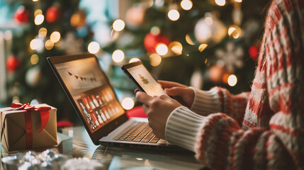 Wall Mural - Woman using tablet and credit card for online shopping at christmas time