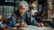 ©  Jovaduplex - An elderly woman with silver hair, dressed in a traditional outfit, practices calligraphy with intense focus in a room adorned with cultural artifacts and wooden furniture.