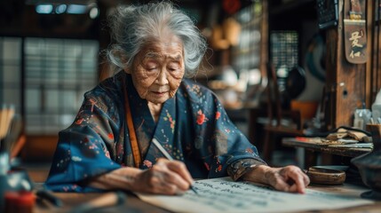 an elderly woman with silver hair, dressed in a traditional outfit, practices calligraphy with inten