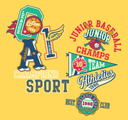 junior college sporting athletic department elements patchwork vintage vector artwork with font init