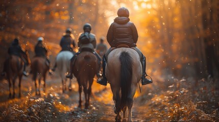 a group of individuals horse riding on a forest path during sunset in autumn, capturing the beauty o