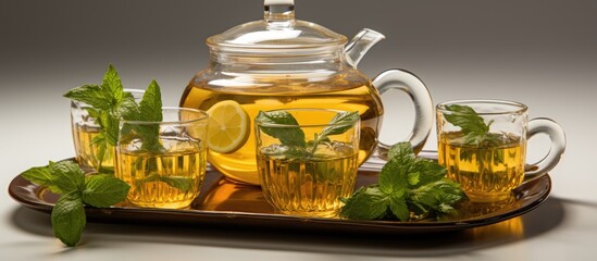 Canvas Print - Hot tea in glass teapot and glass cups and fresh leaves with natural steam on white background