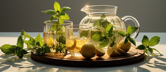 Canvas Print - Hot tea in glass teapot and glass cups and fresh leaves with natural steam on white background