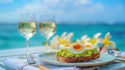 Luxury meal on table with sea