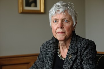 A senior woman with short white hair and blue eyes, dressed in a dark patterned blazer and pearl necklace, sitting indoors against a backdrop of a wooden frame and artwork