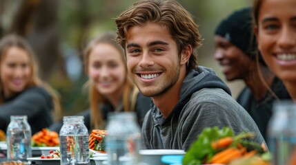 A cheerful young man enjoying an outdoor meal with friends, sitting at a table filled with food and drinks, radiating happiness and a sense of camaraderie amidst lush greenery.