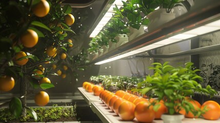 Poster - A row of orange trees with ripe fruit grow under artificial lighting in a controlled indoor environment.