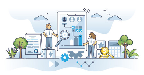 Wall Mural - Vendor management process as work with partners and suppliers outline concept, transparent background. Supply chain control, price negotiation and agreement strategy illustration.