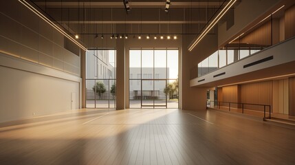 Wall Mural - Spacious empty interior of a modern hall with large windows, wooden floor, and mezzanine level. Natural light fills the space, highlighting architectural details.