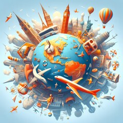 Wall Mural - Conceptual illustration on traveling the world, summer holidays and vacation destinations.