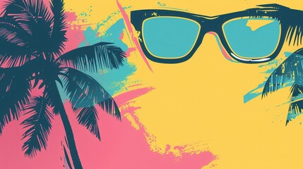 Poster - A graphic design of palm trees and sunglasses against a yellow, pink, and blue background. Generative AI