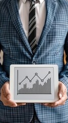 Poster - A businessman in a suit holds a tablet, displaying a blue bar graph with a digital glow
