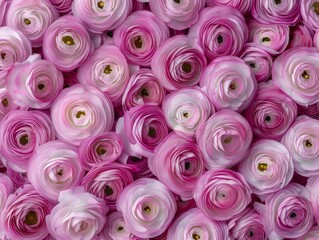 Poster - Pastel Pink Ranunculi Aerial View Symmetrical Pattern – Soft Diffused Lighting Emphasizing Geometric Texture and Intricate Designs
