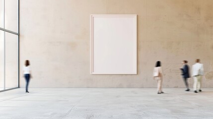 Poster - Serene Indoor Setting with Motion Blur of Passing People, Blank Mockup Poster on Soft Beige Plaster Wall, Minimalist Ambiance, Morning Light