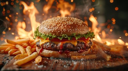 Wall Mural - Close-up of home made tasty burger with french fries and fire flames.