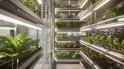 Poster - An indoor vertical farm with rows of plants growing on shelves. The plants are lit by artificial lights.