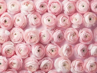 Poster - Pastel Pink Ranunculi Symmetrical Pattern Aerial View - Soft Lighting, Geometric Design, Intricately Styled Flowers