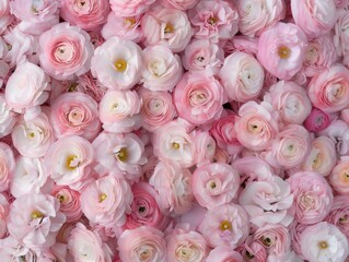 Poster - Aerial View of Pastel Pink Ranunculi in Precise Geometric Symmetrical Pattern - Soft and Diffused Lighting Emphasizing Intricate Floral Designs
