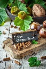 Wall Mural - Horse chestnut extract capsules supplements on the table. Selective focus.