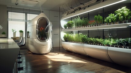 Poster - An automated grow pod sits in a modern kitchen, next to a futuristic indoor garden with tiered shelves filled with various plants.