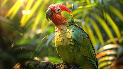 Poster - Colorful Parrot Perched on Branch in Green Foliage - Illustration