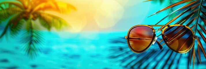 Aufkleber - Sunglasses are resting on a palm leaf with a blurred view of a beach and sunset in the background. Generative AI