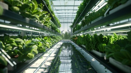 Poster - A vertical farm with rows of plants growing under artificial light, showcasing a modern approach to agriculture.