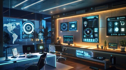 futuristic home office setup with integrated smart home technology controlling lighting, temperature, and security