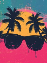 Poster - Silhouettes of palm trees with sunglasses against a setting sun. Generative AI