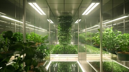 Poster - Vertical indoor garden with plants under artificial light in a glass structure. Plants are at different growth stages. Environment is controlled for optimal conditions