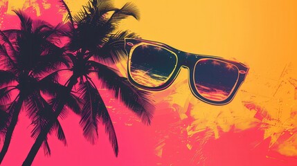 Wall Mural - Palm trees silhouette against a bright sunset sky, with sunglasses in the foreground reflecting the sunset. Generative AI