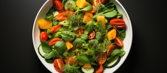 Poster - Fresh healthy vegetable salad, spinach, lettuce, tomatoes and carrots, on a white plate, top view