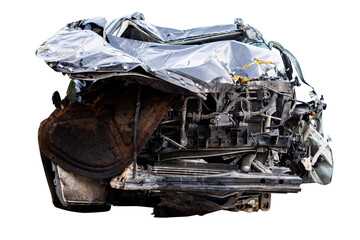 Wall Mural - Car crash, Side view of new black pickup car get damaged by accident on the road. damaged cars after collision. isolated on transparent background, car crash bumper, PNG File