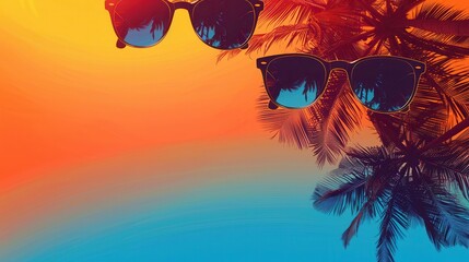 Poster - Sunglasses sit against a tropical sunset sky, reflecting the silhouette of palm trees. Generative AI