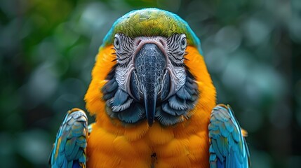 Wall Mural - Close-up Portrait of a Blue and Gold Macaw with Bright Yellow and Blue Feathers - Realistic Photograph