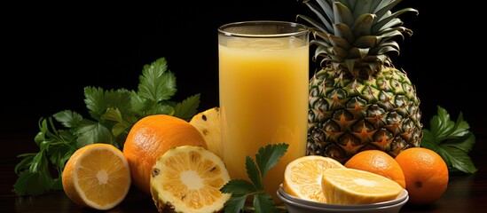 Poster - Glass of pineapple juice and sliced pineapple fruits isolated on darker background