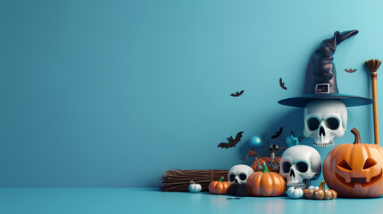 Wall Mural - 3d rendering of halloween decoration with skulls, brooms and pumpkins on blue background with copy space for text. Halloween concept banner design