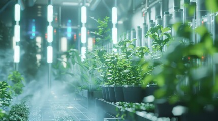 Poster - Rows of plants grow under artificial lighting in a controlled environment. The mist in the air adds to the ethereal, futuristic atmosphere.
