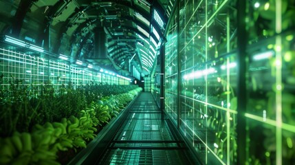 Poster - A green-lit indoor vertical farm with rows of plants growing in a controlled environment.