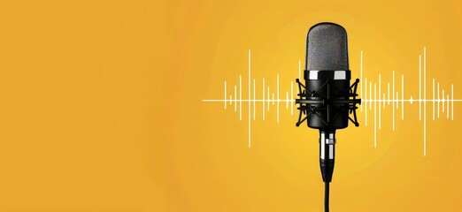 a microphone with sound waves on a yellow background, representing podcasting and sales pitch recording